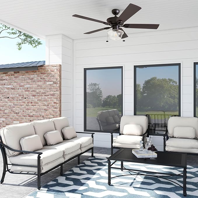 Prominence Home Abner Modern Farmhouse 52 Inch Ceiling Fan with Light, Outdoor Fan/Indoor Tri-Mount LED Ceiling Fan with 5 Blades, Silver Oak and Maple Brown Blade Finish Options, Bronze (80091-01)