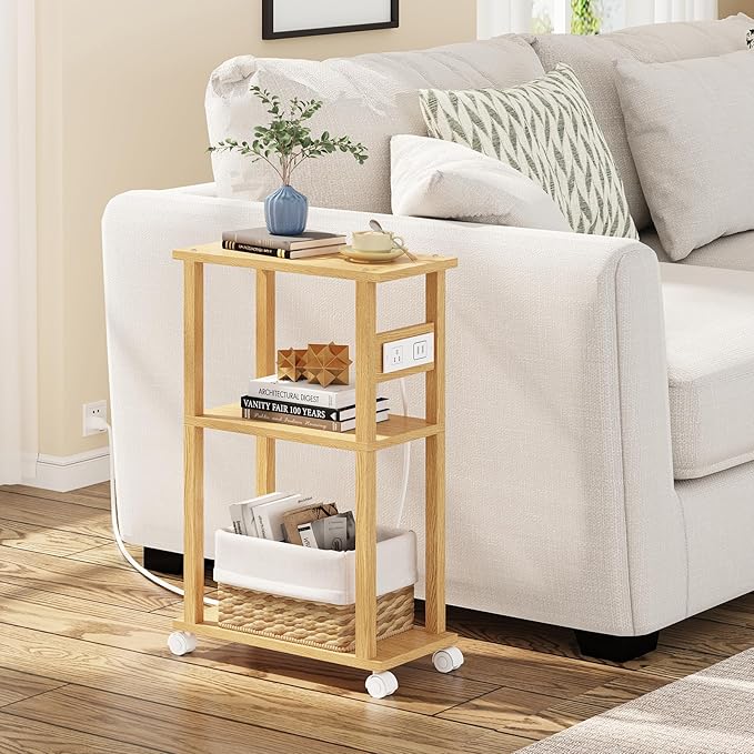 TUTOTAK Small Narrow Side Table with Charging Station, Skinny End Table for Small Spaces, Slim Nightstand with USB Ports and Outlet, Sofa Beside Table with Wheels, Natural TB01BN047