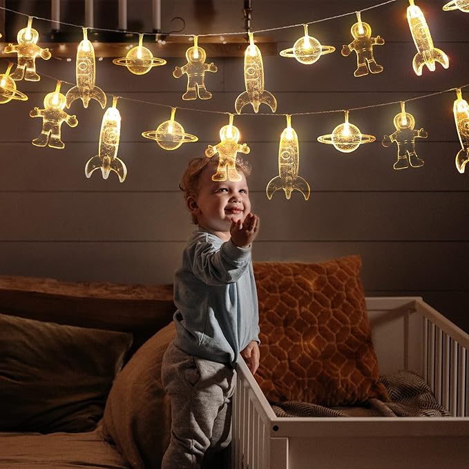 20 LED Children's Room LED String Light Astronaut Spaceship Rocket Pendants Holiday Party Lights Wall Window Nursery or Kids room Decor Wedding Around the Garden Party Patio Christmas (Warm White)
