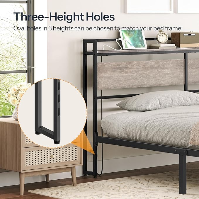 HOOBRO King Size Headboard, Headboard with 2 Outlets and 4 USB Ports, Adjustable Height, Storage Rack, Sturdy and Stable, Easy Assembly, Greige and Black