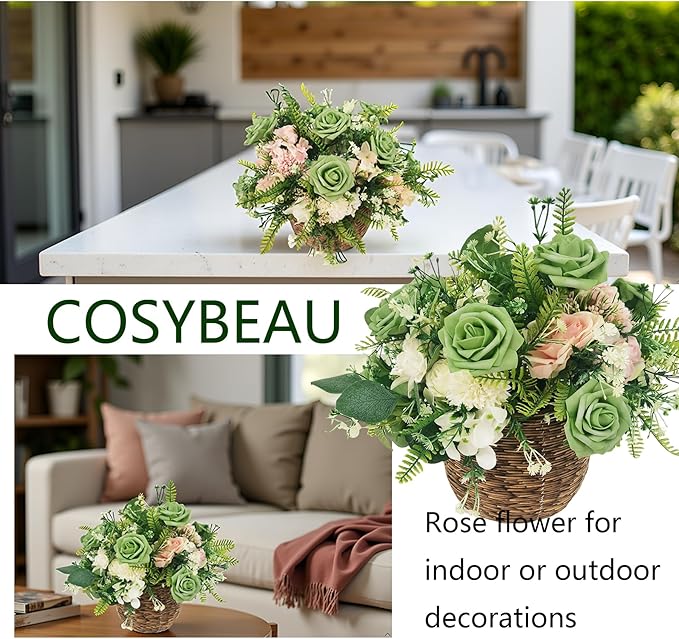 Artificial Rose Flowers 25pcs, Matcha Green Foam Fake Rose Faux Flower for Wedding Bouquets Bridal Shower Centerpieces Floral Arrangements Home Decorations Party Backdrops Table