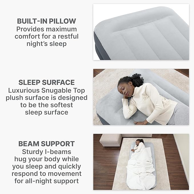 SleepLux Twin Air Mattress Supersoft Snugable Top Extra Durable Tough Guard with Built-in Pillow Raised 15" Airbed with Built in Pump + USB Charger Twin 15", Small, Grey