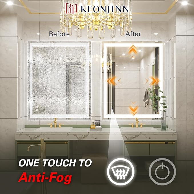 Keonjinn Lighted Bathroom Mirror, 40 x 32 Inch Bathroom LED Mirror with Lights, Frontlit Only, HD Tempered Glass, UL-Listed LED Driver, Anti-Fog, 6000K Dimmale, Easy Installation(Horizontal/Vertical)