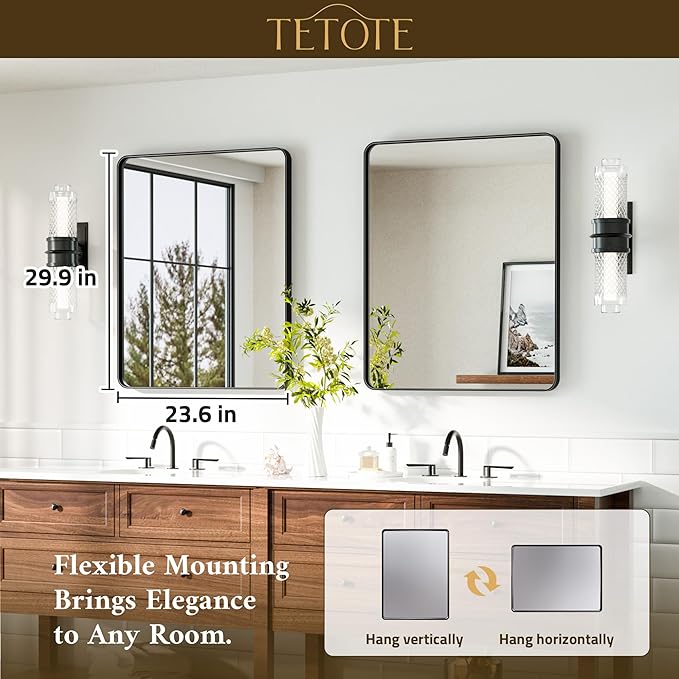 TETOTE Black Bathroom Mirror 24 x 30 Matte Black Metal Framed Vanity Mirror, Tempered Glass, Wall Mounted for Bathroom, Entryway, Bedroom, Living Room(Horizontal/Vertical)