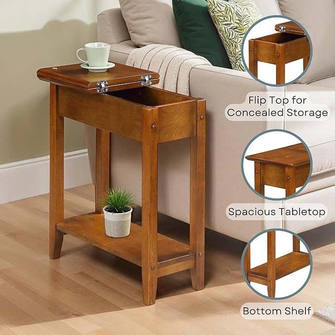 Convenience Concepts American Heritage Flip Top End Table 23.25" - Classic Narrow Chairside Accent with Hidden Storage & Lower Shelf for Traditional, Modern Living Room, Light Walnut