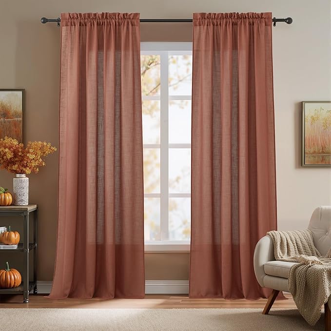 RYB HOME Flax Linen Blend Curtains 90 inches Long for Living Room Bedroom, Light Filtering Semi Translucent Window Treatments for Home Office, W 52 x L 102 inches, Terracotta, 2 Panels