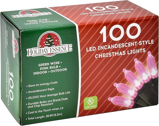 Pink LED Christmas String 100 Mini Fairy Lights Set, Green Wire 26.9 Ft Traditional Valentines Easter Holiday Décor for Home, Christmas Tree, Patio, Indoor & Outdoor Decoration
