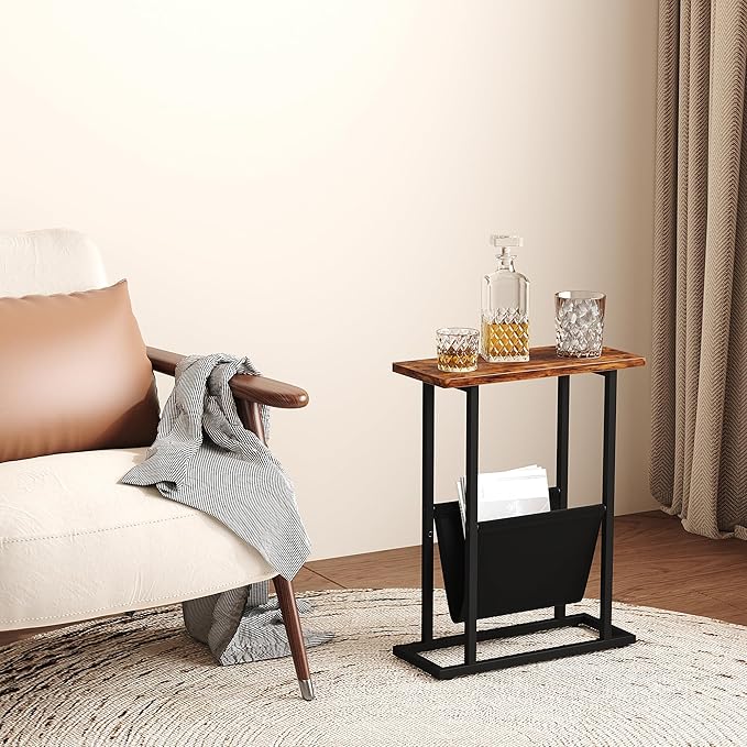 Narrow Side Table for Small Spaces, Small End Table with Magazine Holder, Skinny Slim Little Thin Table for Living Room, Bedroom, Sofa, Rustic Brown