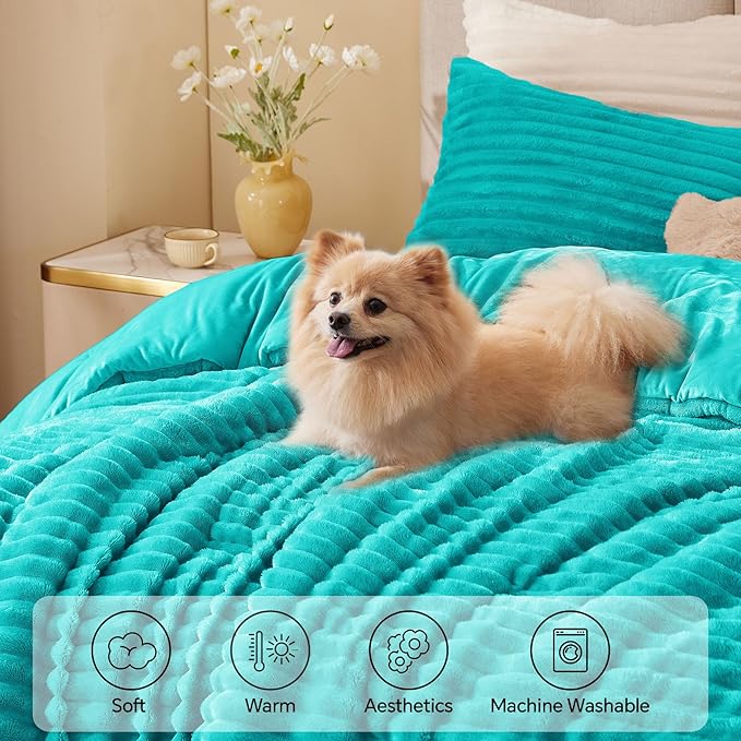 BEDELITE Fleece Twin Comforter Set -Super Soft & Warm Fluffy Teal Bedding, Luxury Fuzzy Heavy Bed Set for Winter with 1 Pillow case