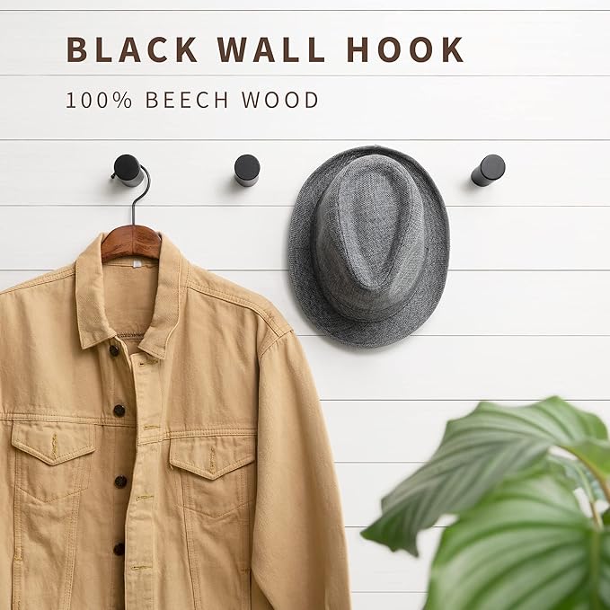 Wooden Black Wall Hooks - Pack of 4 - Wall Mounted Decorative Hook - Modern Wood Pegs for Hanging Hat, Coat, Towel - Purse and Backpack Hanger for Entryway