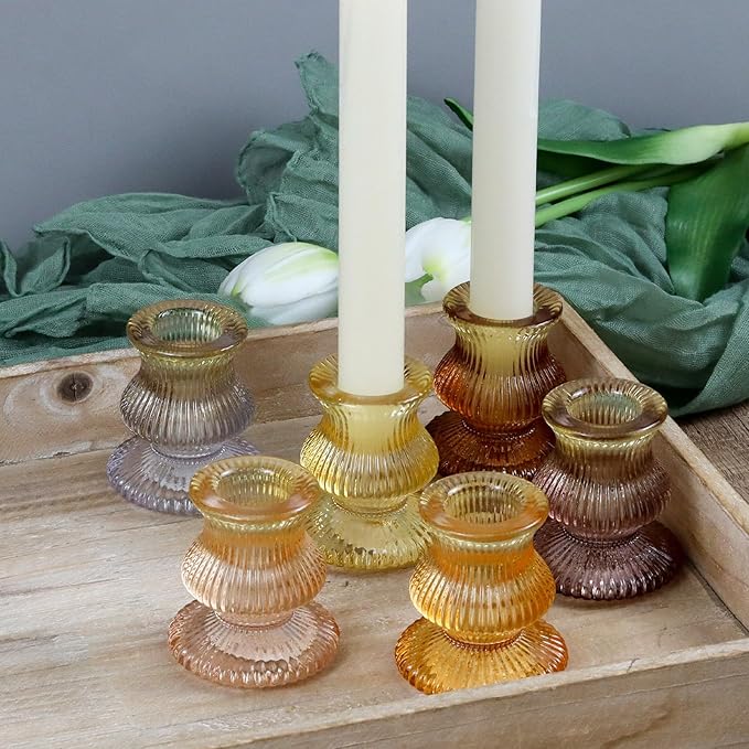 WDHODEC Orange Candlestick Candle Holders 12PCS Glass Taper Candle Holders for Table Centerpiece Colorful Gradient Candle Sticks for Wedding, Party and Festival Decoration