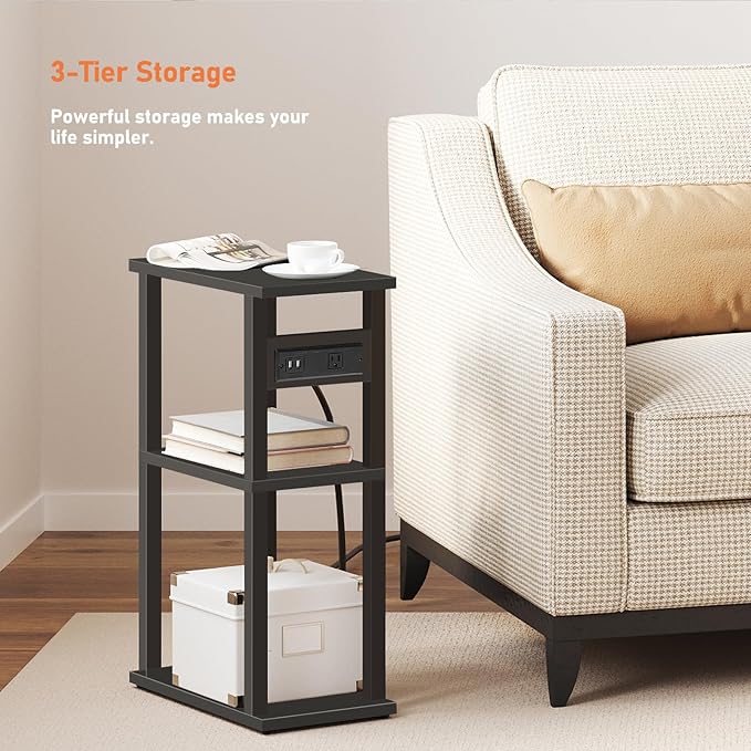 TUTOTAK Small Narrow Side Table with Charging Station, Set of 2 Skinny End Table for Small Spaces, Slim Nightstand with USB Ports and Outlet,Sofa Beside Table with Wheels, Black TB01BK047