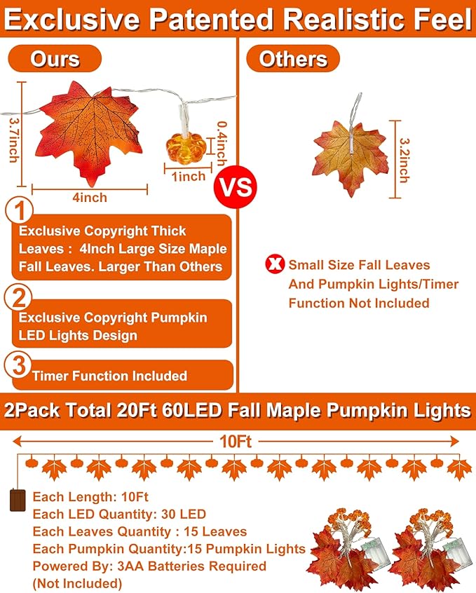 2 Pack & Timer - Thanksgiving Decorations Fall Garland with Pumpkin Lights Fall Decorations for Home, Total 60LED 20Ft Maples Leaves Thanksgiving Lights Battery Operated Indoor Outdoor Christmas Decor