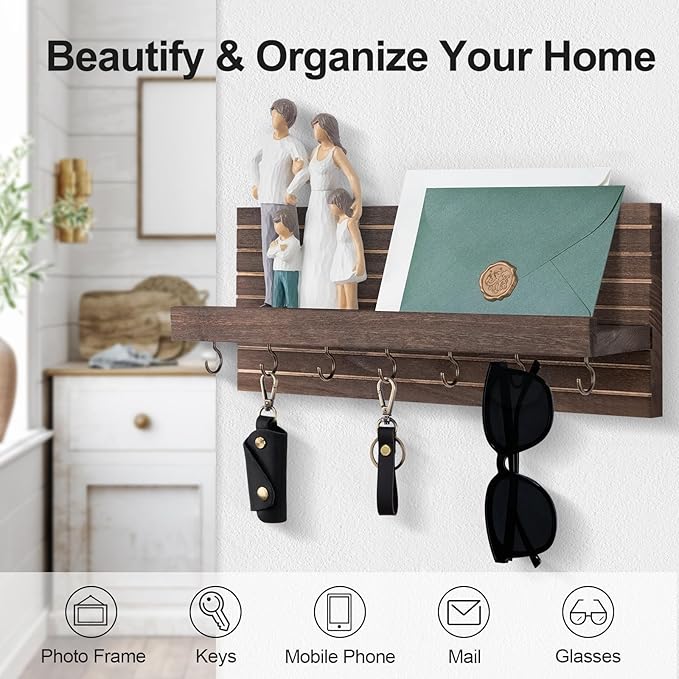 Decorative Key Holder for Wall with Shelf, Entryway Shelf with Hooks Holds Leashes, Jackets and Glasses – Sturdy Wood Keyholder Entrance Hanger with Mounting Hardware (Brown, Large)