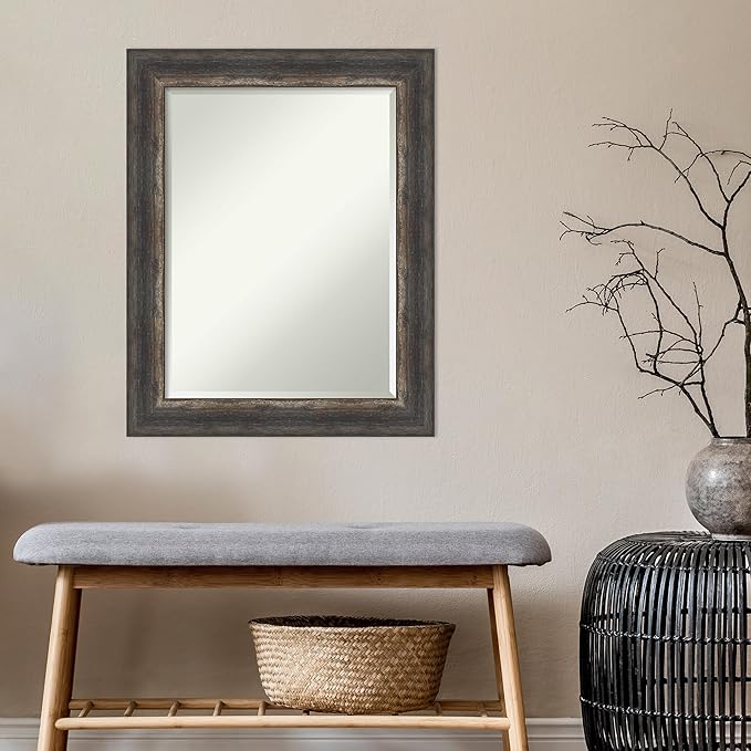 Amanti Art Brown Bathroom Mirror for Over Sink, 29x23 Bark Rustic Char Rectangle Vanity Mirror, Medium Country Rustic Frame, Hangs Horizonally and Vertically, Bathroom Wall Decor, Beveled Edge