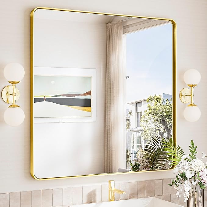 TokeShimi 36x36 Brushed Gold Bathroom Mirror,Bathroom Vanity Mirror Square,Tempered Glass,Gold Framed Bath Mirror Wall(Horizontal/Vertical)