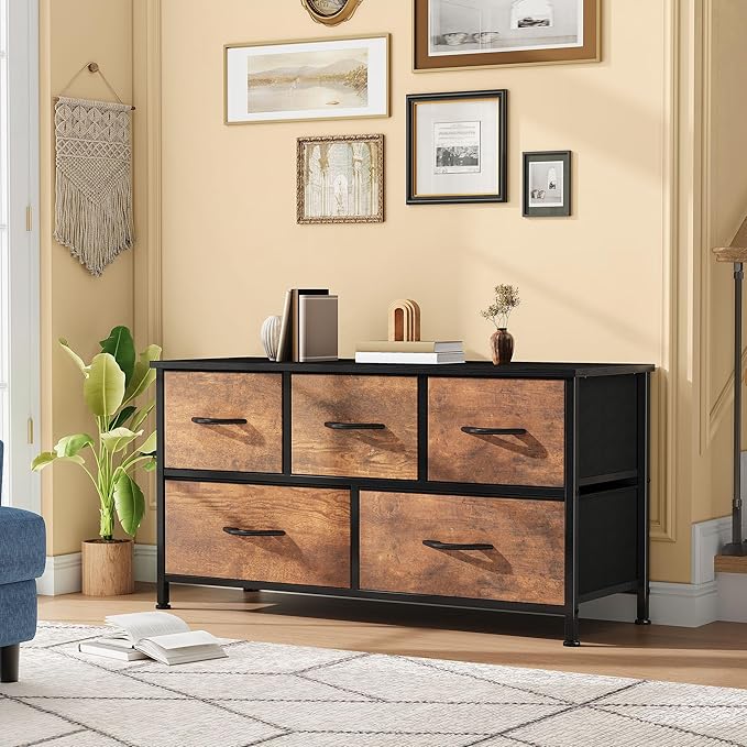 DWVO Dresser for Room with 5 Drawers - Fabric Storage Tower, Long Fabric Dresser, Organizer Unit for Closet, Hallway