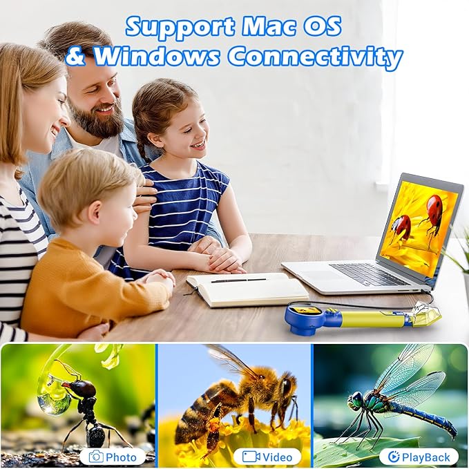 2 in 1 Kids Microscope with Bug Catcher,HD 500X Digital Microscope for Kids with 2" Screen,Photo and Video,STEM Educational Science Kit Learning Toys for Age 3-12 Girls & Boys Birthday Gifts (Blue)