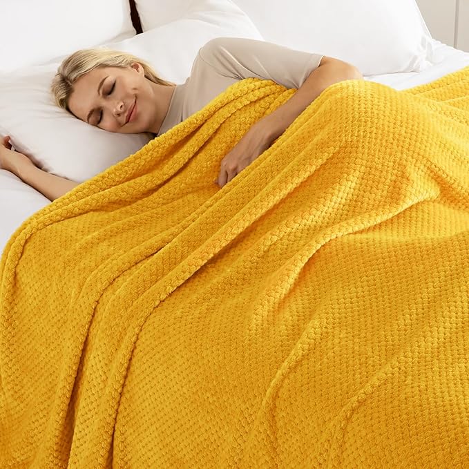 Exclusivo Mezcla Fleece Bed Blanket Queen Size, Super Soft and Warm Blankets for Couch, Sofa and Bed Waffle Textured, Cozy, Fuzzy and Lightweight (Mustard Yellow, 90x90 Inches)