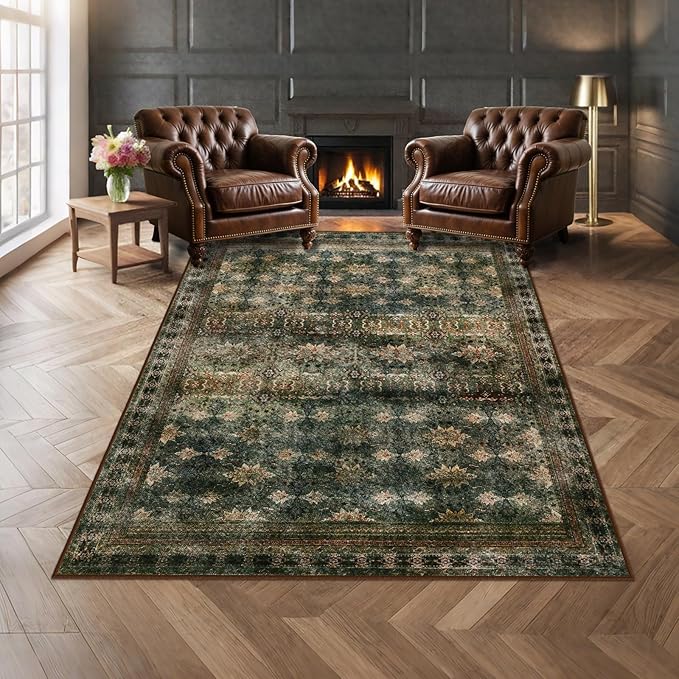 5x7 Washable Area Rug for Living Room Rustic, Non Slip Vintage Floral Bedroom Rugs Retro, Traditional Indoor Floor Carpet for Dining Room, Farmhouse, Office Classroom(Dark Green/Brown/Multi)