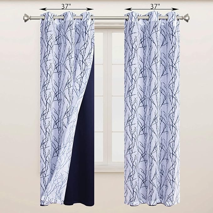 BONZER Mix and Match Curtains - 2 Pieces Branch Print Sheer Curtains and 2 Pieces Blackout Curtains for Bedroom Living Room Grommet Window Drapes, 37x84 Inch/Panel, Indigo, Set of 4 Panels