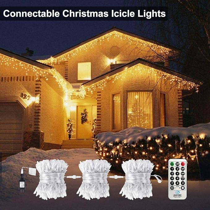 Toodour Christmas Icicle Lights Outdoor, 2 in 1 White & Warm White Color Changing Icicle Lights with 60 Drops, 29.5ft 360 LED Christmas Light Fairy Twinkle Light for Wedding Home Outdoor Xmas Decor