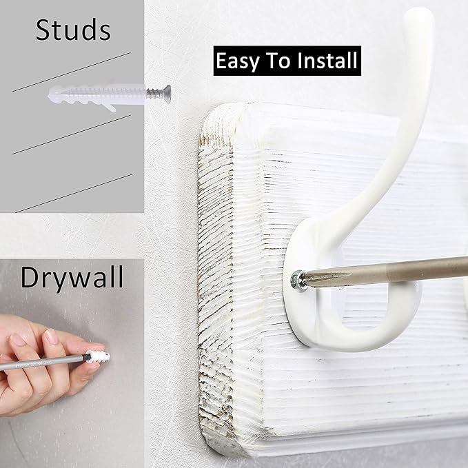 WEBI Coat Rack Wall Mount,Coat Hooks Wall Mounted,16" Hole to Hole,Large Coat Hanger Wall Hook Rack,5 Hooks for Hanging Coats,Hats,Jacket,Clothes,White