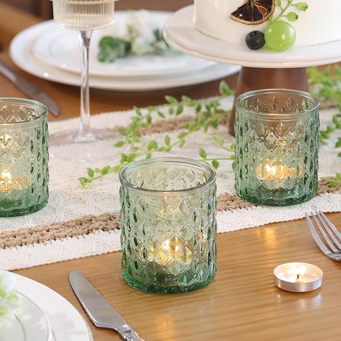 12Pcs Large Votive Candle Holders 2.8 * 3.2in Green Tea Light Candle Holders Glass Candle Holder for Bridal Shower, Wedding, Table Centerpiece, Party, Home Decor