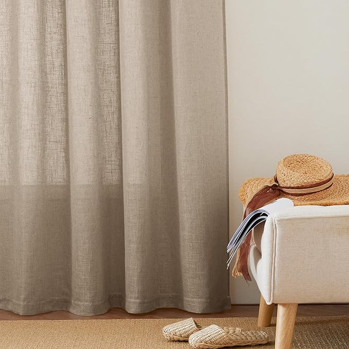 RYB HOME Natural Linen Curtains 102 inches Long, Light Filtering Privacy Protection 2 Panels Set Semi Sheer Home Decor for Sliding Glass Door Bedroom Doorway, W 52 x L 102 inches, Khaki