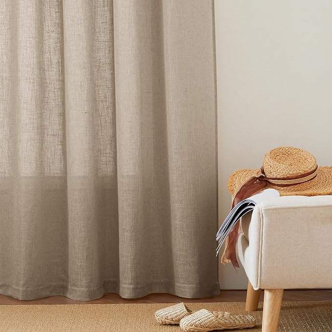RYB HOME Natural Linen Blend Sheer Curtains for Kitchen, Semi Sheer Light Filtering Privacy Protected Rod Pocket & Back Tab Curtain Panels for Small Window, 52 x 45 inch, Khaki, 2 Panels Set