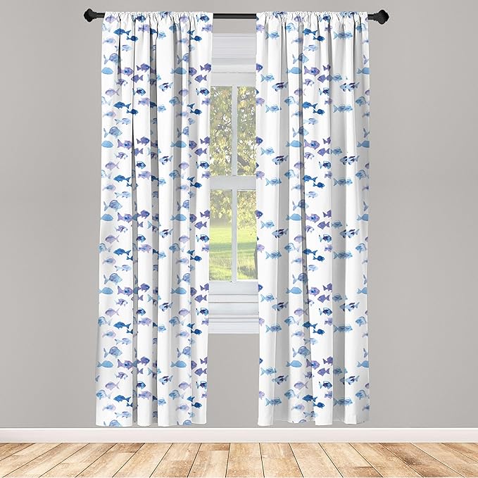 Ambesonne Animal Window Curtains, Little Fishes Watercolors Ocean Underwater Life Marine Theme Art, Lightweight Decor 2-Panel Set with Rod Pocket, Pair of - 28" x 84", Blue