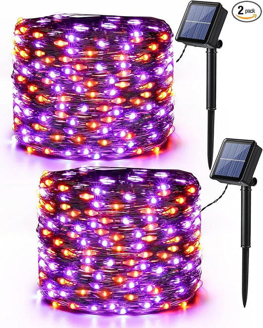 Brizled Orange & Purple Halloween Lights, 2 Pack Total 78FT 240 LED Solar Halloween Fairy Lights, 8 Modes Outdoor Orange Fairy Light, Purple Twinkle Light String Black Wire Outside Spooky Decorations