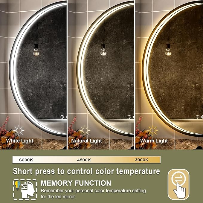 36 Inch LED Round Mirror for Bathroom, Black Metal Framed LED Bathroom Mirror with Lights, 3 Colors and Stepless Dimmable Wall Mounted Lighted Bathroom Vanity Mirror, Anti-Fog, Memory