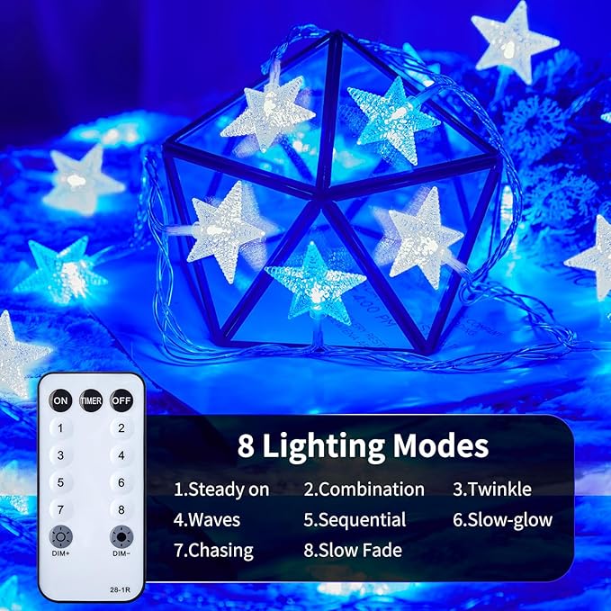 Minetom Blue and White Star String Lights Plug in - 33 ft 100 LED Star Fairy String Lights with Remote and Timer, 8 Modes Waterproof for Tent Loft Bed Backyard Patio Balcony Staircase