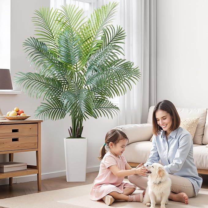 VEVOR Artificial Areca Palm Tree 6 ft, Fake Palm Tropical Plants with White Tall Planter, Faux Floor Silk Plant in Pot, Large Trees for Home Office Living Room Decor House Warming, Indoor Outdoor