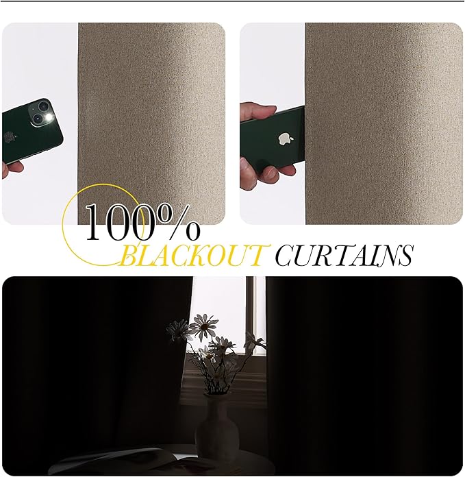 NICETOWN 100% Blackout Sound Reducing Divider Room Linen Curtain Panel, Camel, 100 inch per Panel, Energy Smart Thermal Insulated Drape for Shift Worker/Studio/Villa/Hall/Parlor