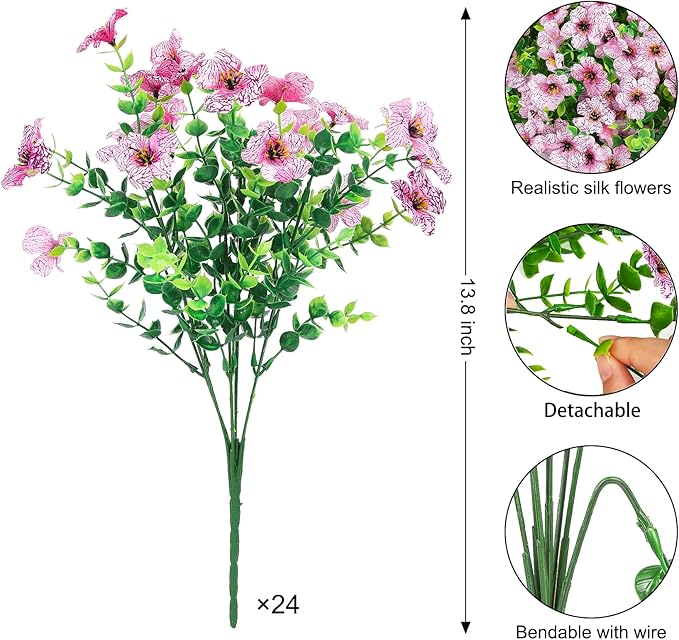 Ouddy Decor 24 Bundles Artificial Flowers for Outdoors Fake Silk Flowers UV Resistant Faux Plastic Plants for Spring Summer Garden Porch Window Box Table Vase Home Indoor Outdoor Decoration, Pink