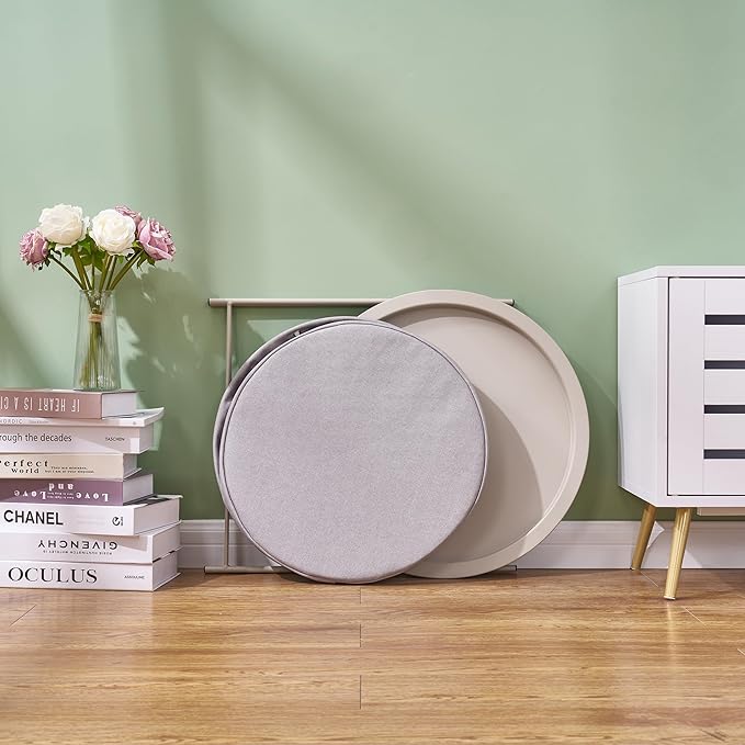 VECELO Round Side/End Table with Fabric Storage Basket，Metal Anti-Rust and Waterproof Small Bedside Nightstand with Removable Tray Top for Living Room，Balcony & Laundry，Grey /1pcs with Basket