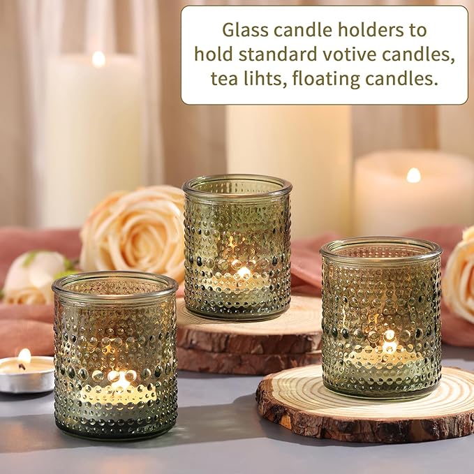 15Pcs Glass Votive Candle Holders, Green Tea Light Candle Holder Vintage Tealight Candle Holder Bulk for Wedding Christmas Party Table Decor (Green)