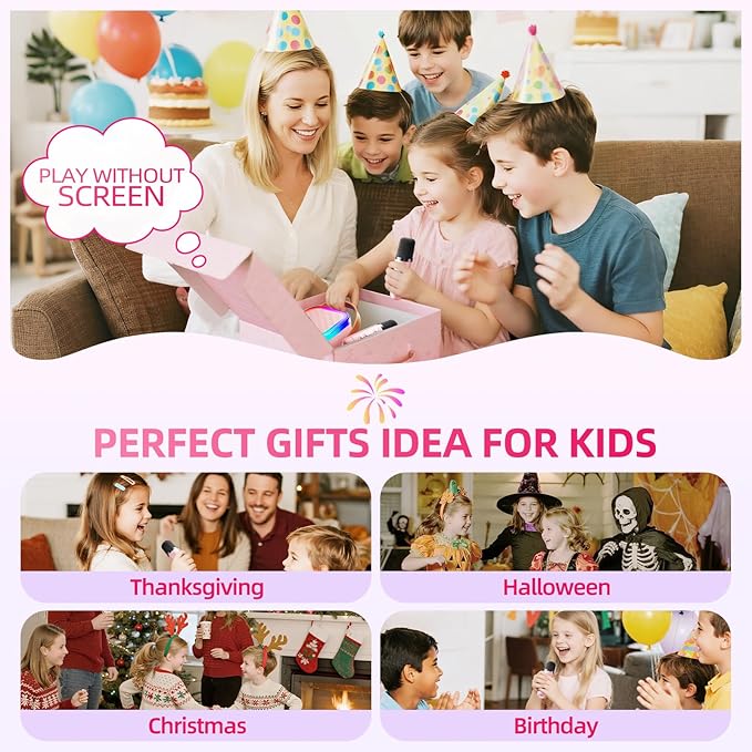 Kinglucky Mini Karaoke Machine for Kids, 2025 TOP Birthday Gifts Ideas for 3-12 Year Old Girls, Christmas Party Gifts Kids' Personal Video Players Accessories with 2 Wireless Microphones - Pink