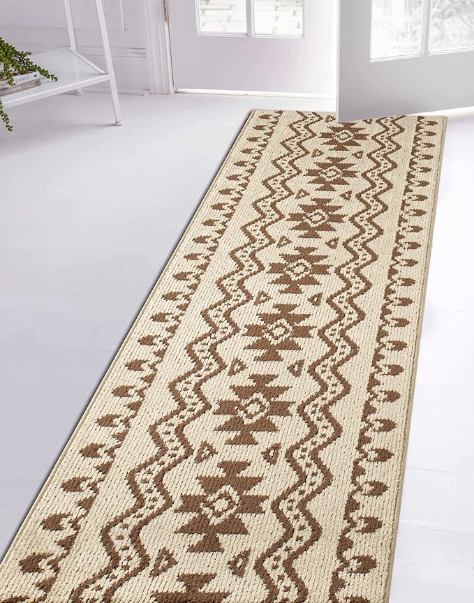 Custom Length Cut to Size Tribal Ethnic Southwestern Inspired Hallway Runner Rug, Non Slip Rubber Backed, 31 inch Wide X Customized Length, Aztec Beige, 31 inch X 10 feet