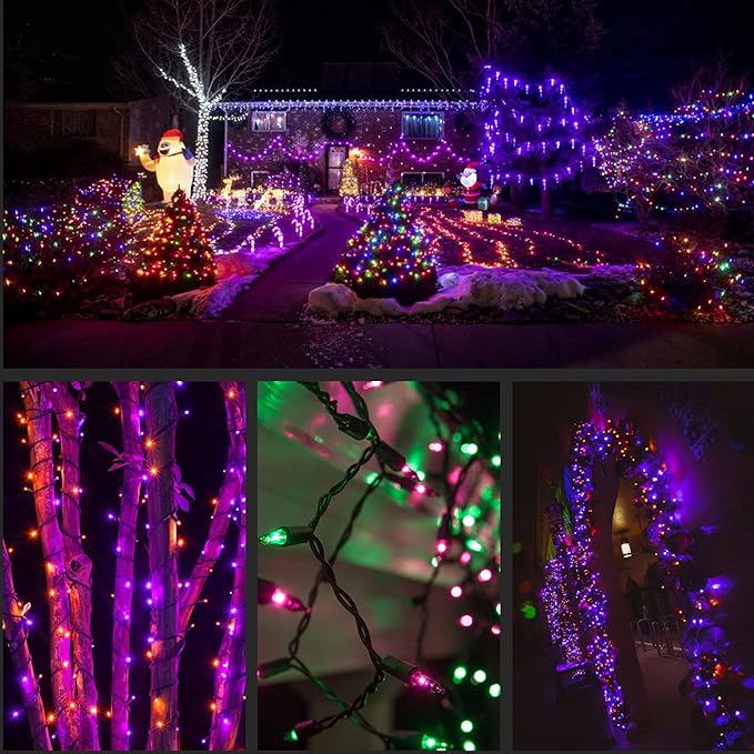 YULETIME 200 Orange Green & Purple Halloween Lights with Black Wire, Pack of 2 Sets 33 ft 100 Count UL Certified Christmas String Lights (Orange, Green & Purple)
