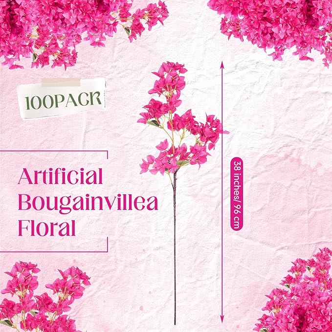 100 Pack Artificial Bougainvillea Floral 38" Silk Long Stem Bougainvillea Plants Hanging Table Centerpiece for Home Wedding Indoor Outdoor Decorations (Rose Red)