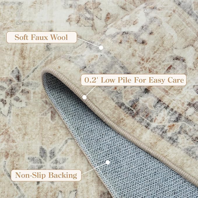 LIVEBOX Entryway Rug 3x5 Washable Area Rugs for Kitchen Bathroom, Non-Slip Front Door Mat for Bedroom, Boho Low-Pile Carpet Farmhouse Throw Indoor Mats for Bath Laundry Room, Tan