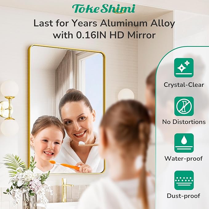 TokeShimi 42x36 Brushed Gold Bathroom Mirror for Over Sink,Bathroom Vanity Mirror with Tempered Glass, Modern Framed Wall Mirrors(Horizontal/Vertical)