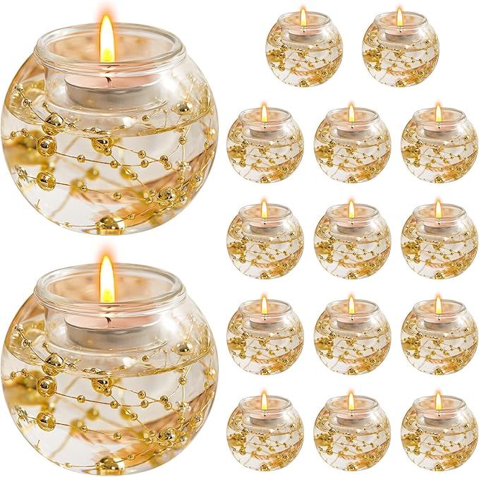 16 Pcs Glass Clear Votive Floating Candle Holders with 8 Pcs Bright Pearl String Beads, Tealight Bowl Candle Holder Bulk for Wedding Centerpiece Home Bridal Shower Party Decor (Gold)