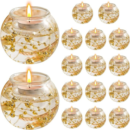 16 Pcs Glass Clear Votive Floating Candle Holders with 8 Pcs Bright Pearl String Beads, Tealight Bowl Candle Holder Bulk for Wedding Centerpiece Home Bridal Shower Party Decor (Gold)