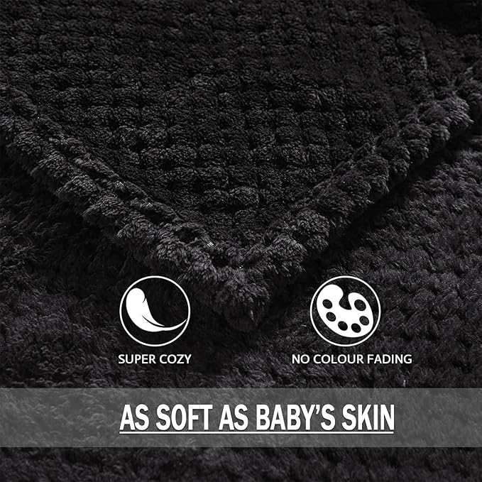 Exclusivo Mezcla Fleece Bed Blanket Twin Size, Super Soft and Warm Blankets for Couch, Sofa and Bed Waffle Textured, Cozy, Fuzzy and Lightweight (Black, 60x80 inches)