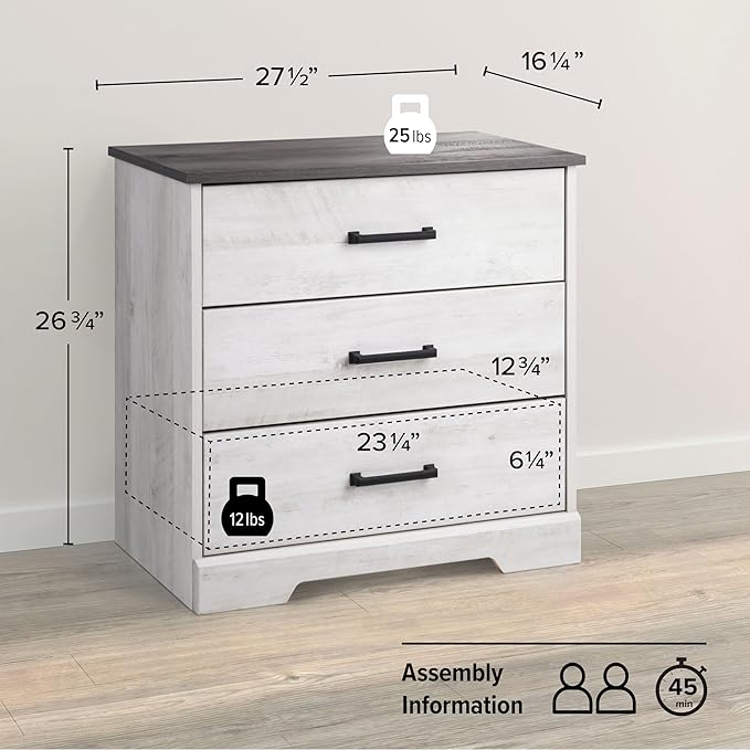 Prepac Rustic Ridge Farmhouse 3-Drawer Nightstand, Chest of Drawers for Bedroom, Wooden Bedroom Dresser with 3 Storage Drawers, 16.25in x 27.5in x 26.75in, Washed White