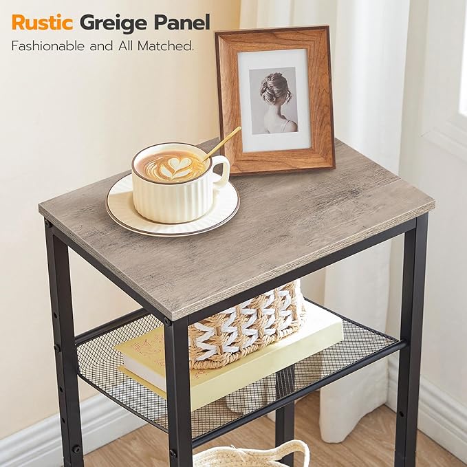 HOOBRO Side Table, 3-Tier Tall End Telephone Table with Adjustable Mesh Shelves, Small Entryway Stand for Living Room Bedroom Hallway or Office, Greige and Black BG01DH01G1